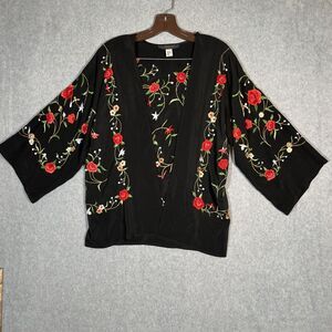 Ania A OPen Cardigan Kimono Womens M Black Embroidered Silk Top Floral Artsy